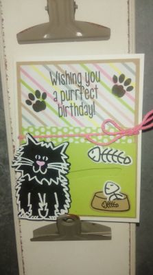 Wishing you a purr-fect Birthday! 
A 'slide on over card' Cat slides over to fiah bones and bowl
