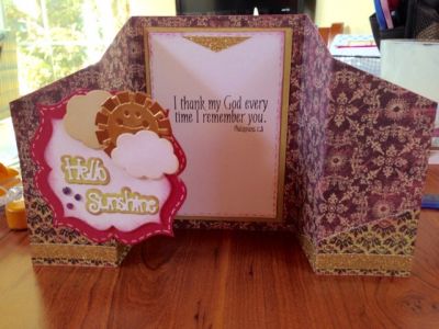 Hello Sunshine 
5.5 X 12. Score at 2, 4, 8, 10 in
Cut 1.75 inch triangles between top edge of card and 4 in score line
Cut 1.75 inch triangle between the other end's top edge of card and 8 inch score line
Attach reverse side of triangles to bottom edges of card 
Embellish and stamp

Keywords: Triplet