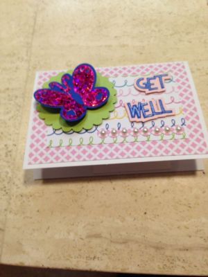 Get Well Card
Card for a sick friend.  Inside it has the die 'soon' added. 
Keywords: Get well butterfly triplets, scallop circle