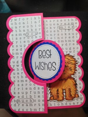 Best Wishes and Miss You
Flip-it card with my dog, Miley peaking out. Inside there is a repeat of the blue scallop and white circles where you can write a note. I colored the circled words with a Clear Wink of Stella glitter brush
Keywords: Flip-it Cookie Scallop Miss-You