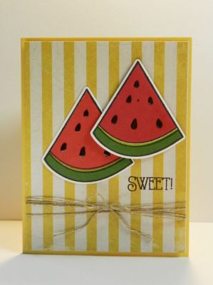 SWEET!
Love this simple card with yummy watermelon slices and cheery patterned paper!
