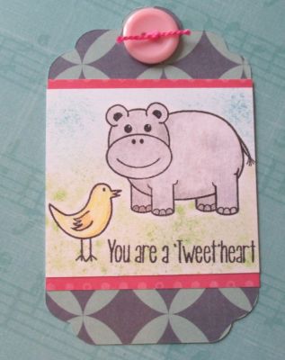 Connie A. 
Gift tag created with Hippo 2 stamp and You're a Tweetheart from the birdcage 2 stamp set. 
Keywords: tag project