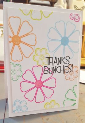 Thanks Bunches
I used thanks4oneyear and Recollections flowers 4 u stamp sets along with craftsmart neon inks and versafine black ink.  
