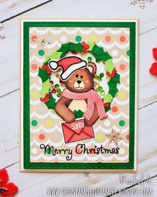 Beary Christmas
Bear2stamp, Bear Dies, Happy Holidays Collection Patterned Paper, Stitched Rectangles Die Set, Sizzix Merry Christmas 3-D Drop-ins Sentiments Die Set (holly & ivy for wreath), Hats4critters, Hats for Critters Dies, Soup4snowman and Snowman Dies (scarf), Santa2stamp, Sayings4Santa 
