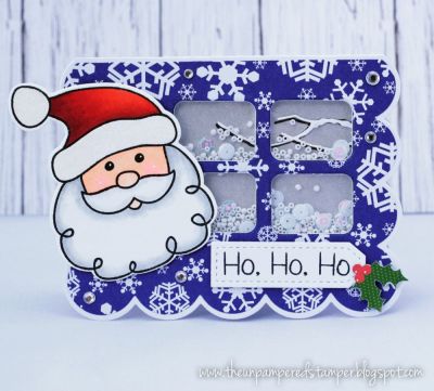 Santa Shaker Card
Santa2stamp, Santa Dies, "Ho Ho Ho Collection" patterned paper, Sizzix Flowers/Sentiments Scalloped Edge Drop-ins Die Set
