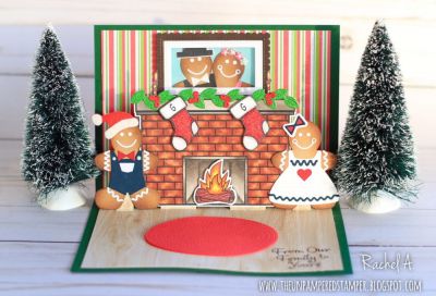 Gingerbread Pop-up Card (Inside)
Gingerbread Dies, GIRL Gingerbread Die Set, Hats For Critters Dies (santa hats), Fireplace2stamp, Fireplace Dies, Stockings4Christmas, Snowman2build (tophat), Oval Dies, ONLY Stitched Oval Dies (rug), Sizzix Friends Forever Step-ups Card Die Set, Birthday4Cookie (candles) 
