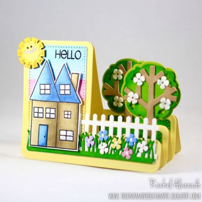 Hello Neighbor
Sizzix Tree Step-ups Card Die Set, Houses4us, Sizzix Flowers & Fence Stamps & Dies, Thank You Collection Patterned Paper, TSOL Cardstock
