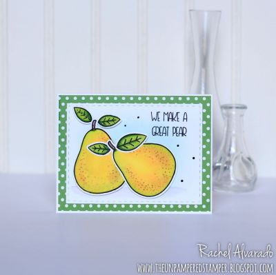We Make a Great Pear
Pears2stamp Stamps & Dies, Stitched Rectangle Dies, "Birthday Wishes" Patterned Paper, TSOL Sky Ink for blended background

