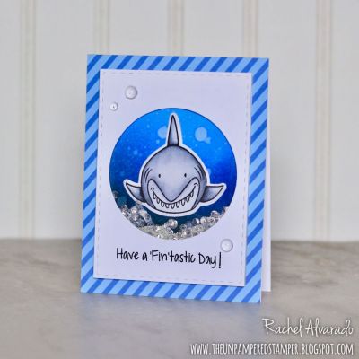 Have a 'Fin'tastic Day!
Shark Pudgie Stamp & Die Set, Stitched Rectangle Dies, Circle Dies, TSOL Inks: Sky, Blueberry & Licorice for ink blended background
