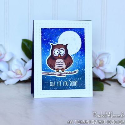 Owl See You Soon
Owl Pudgie Stamps & Dies, Stitched & Stitched ONLY Rectangke Dies, Stitched Circle Dies, Ink Blended Background: TSOL Sky, Blueberry and Licorice Inks
