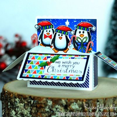 Penguin Christmas Box Card
Sizzix Box Card Die Set
Penguins4Christmas
Morepenguins2love
Reindeer Pudgie (candy canes)
TSOL Colorbox Inks: Sky, Blueberry, Midnight, Licorice (sky background)
