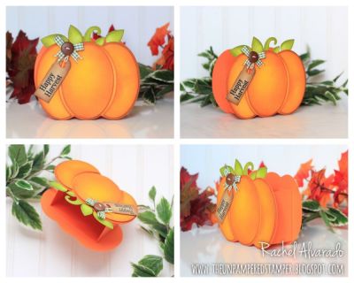 Pumpkin Fold-it Fall Pumpkin Treat Box
Sizzix Pumpkin Fold-it, Sizzix Tags & Words Stamps & Dies (tag), pumpkins2cut (sentiment), TSOL Paper, TSOL Inks for color-blending on pumpkin (Banana, Tangerine, Gingersnap, Chocolate)

