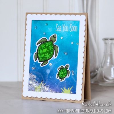 Sea You Soon - Scalloped Rectangle Shaker Card
Scalloped Rectangle Dies, Rectangle Dies, Turtles2stamp, Turtle Dies, Mail Box Dies (tufts of grass)

