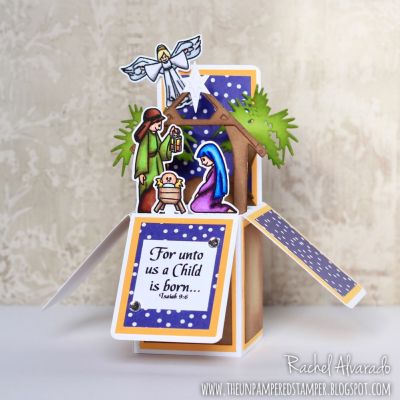 Nativity Box Card
Nativity2stamp, Nativity Scene Dies, Box Card Die Set, Flamingo Dies (Palm Trees), Christmas4him (sentiment), "Cheerful" Collection Patterned Paper
