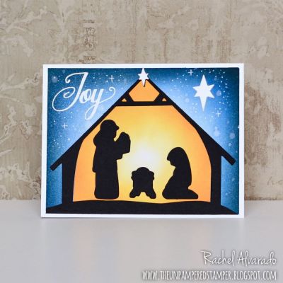 Joy - Nativity Scene
Nativity Scene Dies, Nativity2stamp (sentiment), TSOL Inks for blended backgrounds: (Lemonade, Banana and Tangerine Inks for glow inside manger. Sky, Blueberry, Midnight and Licorice Inks for sky background)
