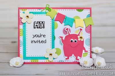 Hi! You're Invited 
Monsters2Celebrate Die Set, Monsters4celbrations, Sizzix Dotted Rectangles Die Set, Sampler Dies (for banner), "Always" Collection Patterned Paper
