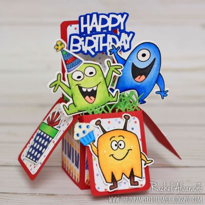 Happy Birthday!
Monsters4celebrations Stamps & Dies, TSOL Box Card Die Set, Grass Die, Hats4critters Stamps & Dies (b-day party hat), Presenttriplits2stamp (gift), Sizzix Triplits Tags (cupcake), Sizzix Balloons Step-ups Card Die Set (Happy Birthday Word Dies), "Happy Birthday" Collection Patterned Paper

