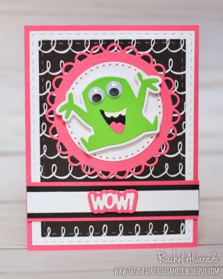 WOW! You Are Amazing!
Monsters2celebrate Die Set, Sizzix Circles Scallop Framelits Die Set, Sizzix You Are Awesome 3D Drop-ins Sentiments, Stitched Rectangles, "Happy" Collection Patterned Paper

