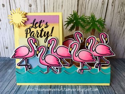 Let's Party!
Flamingos2stamp, Flamingo Dies, Sayings4flamingos, Sizzix Basic Step-ups Die Set, "Thank You" Collection Patterned Paper, Whale Die Set (waves), Hot Air Balloon Die Set (sun)

