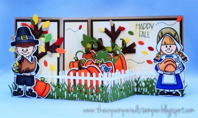 Happy Fall! (Z-fold Card)
PilgrimGIRL2stamp, Pilgrimboy2stamp, Pilgrim Boy & Girl Dies, Sizzix Flowers & Fence Stamps & Dies, Grass Die, Pumpkins2cut, Pumpkin Dies 1, Sizzix Birds & Trees Stamps & Dies, Sizzix Balloons Step-ups Card Die Set (balloon string dies for pumpkin vines), Sizzix Owls Stamps & Dies (for leaves) 
