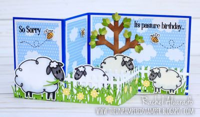 So Sorry It's Pasture Birthday (Z-fold Card)
Sheep2stamp, Sayings4sheep, Sheep2stamp Die Set, Sizzix Flowers & Fence Stamps & Dies, Sizzix Birds & Tree Stamps & Dies, Bee4me, Bee Die Set, Grass Die, Mini Flower Dies, "Happy" Collection Patterned Paper
