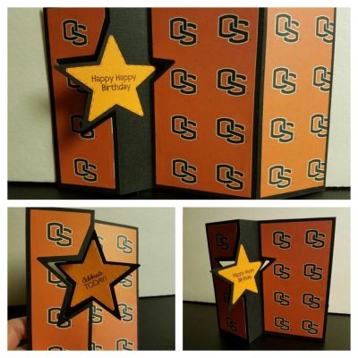 Birthday Star Flip-It
Birthday card for a male co-worker who loves the Oregon Beaver's football. I made ano extended flip out so the whole office could sign it. 
Keywords: Star Flip it base, birthday, masculine
