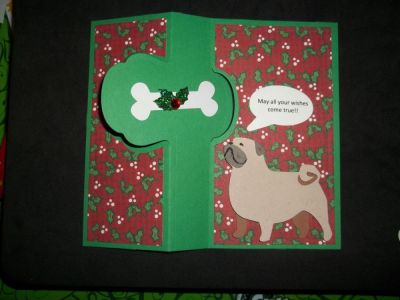 Christmas Wishes Inside
This card was created using the Lively Flip-It and the Talk Bubble die, as well as the Ornaments4Christmas stamp set.  The pug and her bone was cut on my Cricut.  
