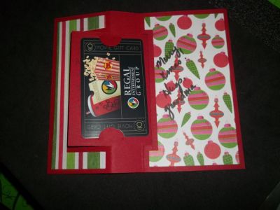 Christmas Gift Card Front
This card was created with TSOL cranberry paper, stamps, & dies to give a movie and dinner to my grandson.  
