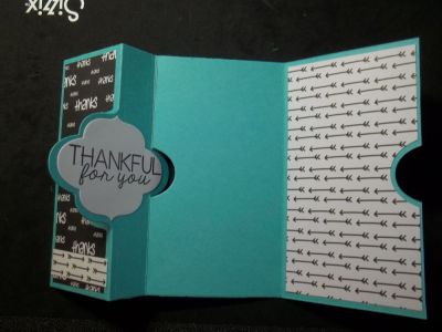 Hidden Panel Thanks Card
Everything except the bling on the front page came from the October 2015 kit club.  

