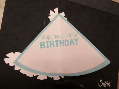Happy Birthday! (inside)
I used product from the HSN Birthday Hat kit to make this card for my grandson's 12th birthday.  To make the white inside have a border, I used the die meant to cut one side and placed it on the fold just like the outside fold-it die, and it worked perfectly to frame the signature page.  
