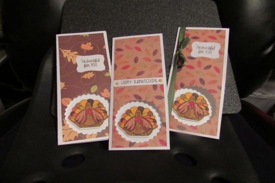 Happy Thanksgiving 2021
I just realized the picture makes the turkeys look offset; they are actually on the inside.  I used the scalloped circle to cut a window in the front of the card so the recipient could see inside.
