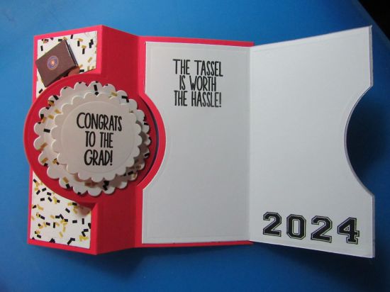Jen's DNP graduation card open
In addition to TSOL products, I used some Jolee's stickers and a doctoral tam I made from scratch.  This card was made to celebrate my daughter's Doctorate of Nursing Practice graduation.  When the pandemic hit, my daughter went back to earn her doctorate.  Me?  I just sat making cards!  
