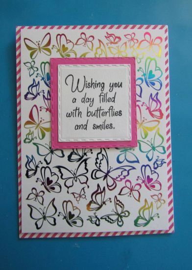 Happy Birthday Butterfly card
I foiled a butterfly card and added sentiments from Beautiful Butterflies (on cover) and Butterfly Phrases (inside but not shown)
