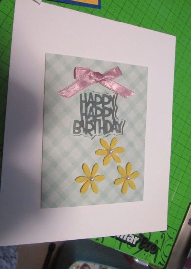 Happy Happy Birthday
I inked white cardstock for a close, contrasting green to cut out the sentiment and then backed the sentiment with what was removed from the front.  Made for Cards for Cubs
