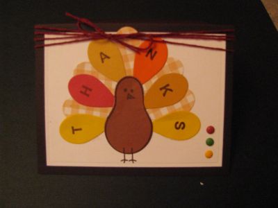 Give Thanks
This card was made using the Turkey2Stamp stamps & dies as well as paper, dots, and twine from the Forever card kit (10/16) and a stamp from the Cheerful card kit (5/17).  I added some scrap paper to fill in the tail feathers and an alpha stamp.
