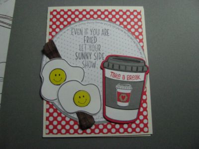 Eggcellent Birthday
I couldn't imagine using the Bacon&Eggs2Stamp set, but here I am.  I used the 1/18 stamps and die sets and Sayings4Bacon&Eggs, the new "W" circle set, and Sizzix Framelits w/stamps coffee set (#662470).  The red dotted paper (background) & the gray dotted paper (plate) were left from the 12/14 "Love Story" card kit, and the tiny cup was cut from 1/18 card kit.  The only non-TSOL product were the happy faces that came in snail mail junk mail advertisement.  The inside says "Have an Eggcellent Birthday.
