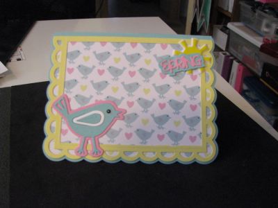 Happy Spring!
I made this cheery card using paper, stamps, and puffy embellishments from the March 2017 kit.  I also used the Spring Birds triplits set and the Sizzix Scalloped Edge Card Kit (#662259).  I topped off the bird's eye with a tiny black bling.
