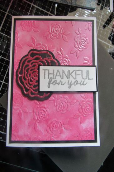 Thank you card
I used metallic wax on a background made with an embossing folder and deco-foil on the rose from the center of the rose background die.  
