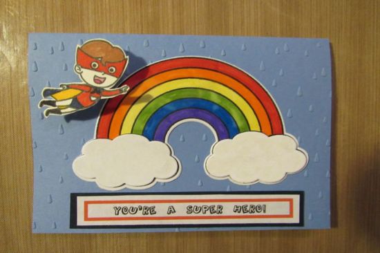 Rainbow Superhero
Made for Cardsforcubs.org, who distribute handmade cards to fostercare organizations.  I couldn't find a title in all the TSOL stamps I've bought through the years, so I had to type it.  
