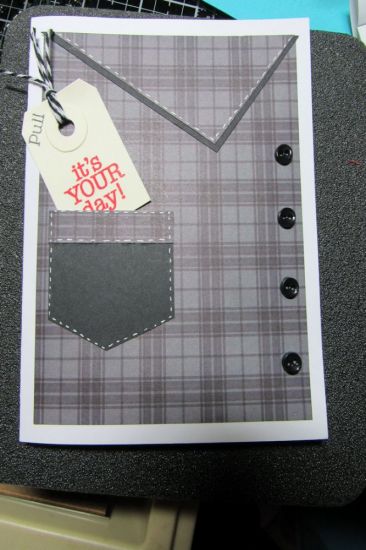 Masculine birthday card
I cut out the shirt by hand, used a stamp from birthday with Sizzix on the tag, and used a stamp from sailboat2stamp on the inside.
