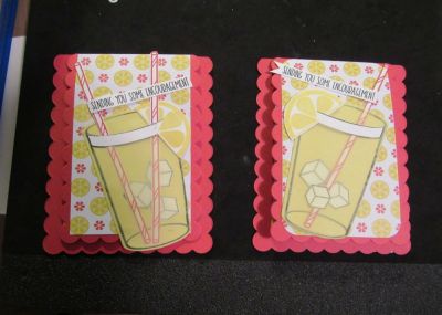 Lemonade card
These cards were made to cheer a couple of friends who are having a tough time.  The only thing I used that was not from TSOL was the pale yellow vellum that I applied to the glass of lemonade.  
