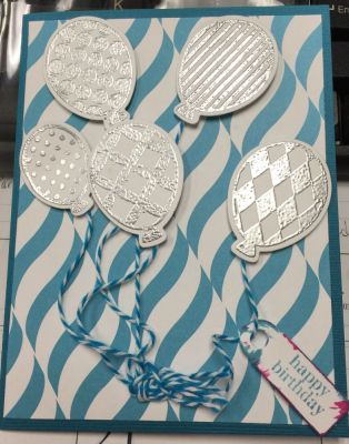 Birthday Balloons with matching dies
Used the Birthday Balloons and Matching Dies.  Stamped and embossed with Silver Embossing powder
