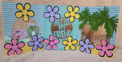 Relaxing in the Sun
This card has three scenes, a frog enjoying his lilly pad (Jeremiah the bull frog), the center has the circle greeting "Hello My Friend" (after all he was a good friend of mine), and a relaxing island hammock in the last (sorry the wine is already gone).
Keywords: panels frog island palm_trees friend