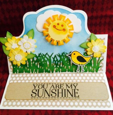 You Are My Sunshine
Sizzix Royal Stand-up Card Die
Sizzix Triplets Hello Sunshine Dies
Sizzix Royal Labels Dies
Sizzix Flower & Fence Stamp Set
Grass Die
Sizzix Birds & Tree Stamp Set
TSOL Feb 2016 Card Kit (stamp & paper)
