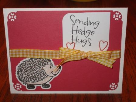 Sending Hedge Hugs
I just used some paper from the April card kit and a ribbon from the card kit.
Stamped and cut out the hedgehog and stamped with sentiment and a couple of hearts.
