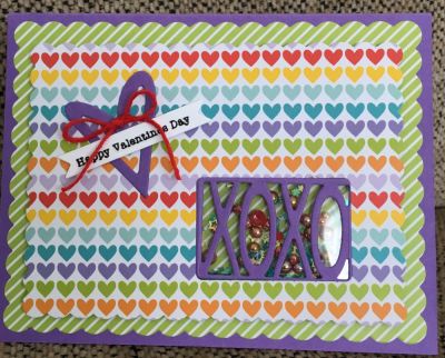 XOXO Shaker Card Valentine
Small Scallop Card Base, XOXO Die and TSOL paper, cardstock (from Dec. 2017 Kit Club)
