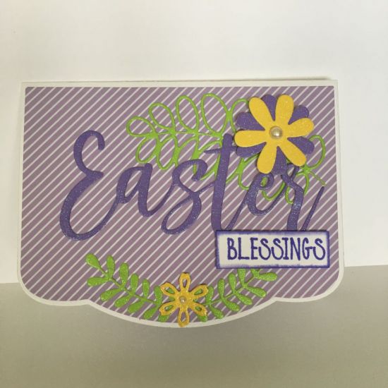 Elegant Edge Drop-in:   �Easter Blessings�
Keywords: Elegant Edge A-2 Drop In Card, �Easter� Statement Die, Leaf Die (from Card Kit Club), all TSOL paper, ink