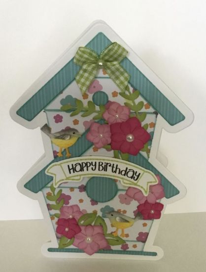 Happy Birthday Birdhouse Fold-it
Keywords: Birdhouse Fold it, Mini Step-up (for flowers), Flower Vine A2card (for leafy vines), Chalk Sayings2Stamp & Banner Dies, (TSOL Cardstock, patterned paper, ink, embellishments