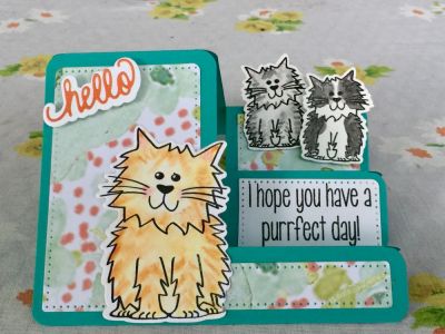 Purrfect day
Making a card with our 3 cats for a fellow cat lover. I used the big cat and sentiment from cats2stamp and the little cats from hats4critters.  The hello is from the tree step up card. 
