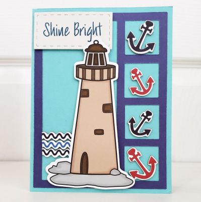 Shine Bright Lighthouse
Keywords: Ocean cardstock, midnight ink, die grid, lighthouse2stamp, stitched rectangle